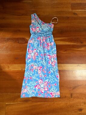Lilly Pulitzer Helina One-Shoulder Midi Dress in the Bahamian Rhapsody print.  S